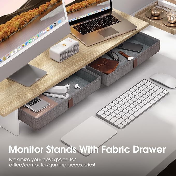 Fenge 35 Inch Monitor Stand with Drawer Storage, Computer Riser for Desk | Wooden Computer Shelf, 2 Tiers, for Dual Monitor/Laptop/PC/TV/Printer up to 55Lbs, Home Office Desk Organizer
