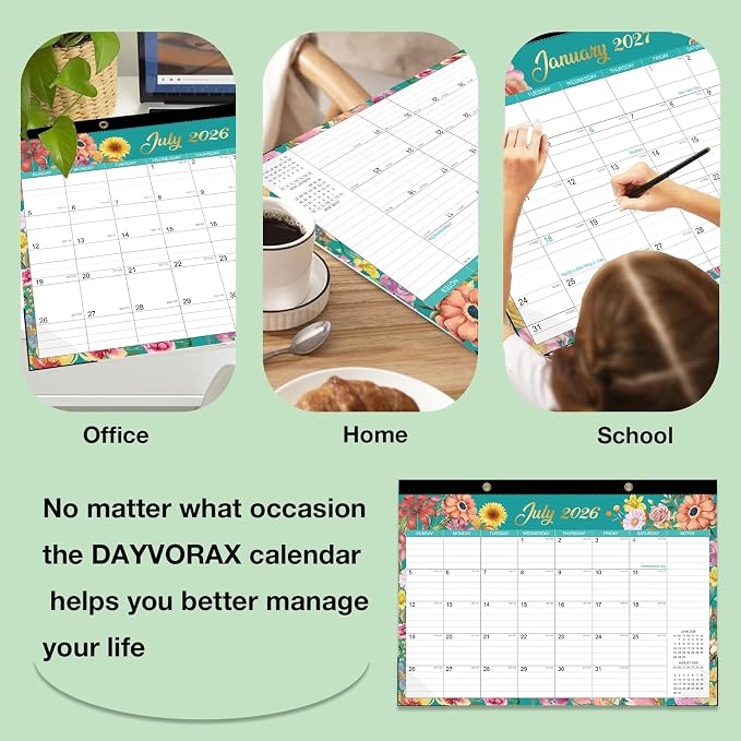 Desk Calendar 2026-2027 - 18 Month Desk Calendar july 2026-2027 Dec, 17" x 12", Large Monthly Desktop Calendar with Plastic Cover, Thick Paper, Corner Protectors - Floral (2 Stickers Included)
