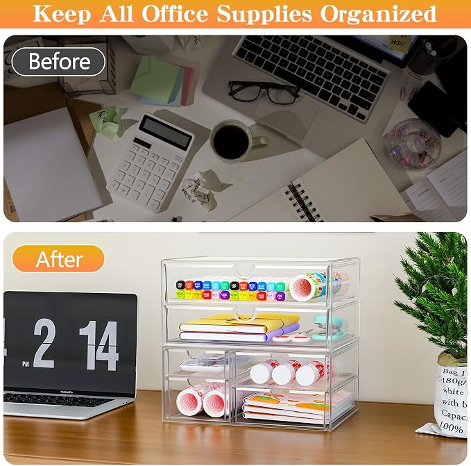 ARSTPEOE Acrylic Organizer with 6 Drawers, Bathroom Counter Organizer, Makeup Desk Organizers, Office Supplies, Storage Drawers for Cosmetic, Pencil, Coffee