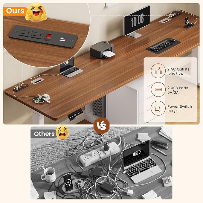 SEDETA Standing Two Person Desk, 94'' Long Computer Desk with 4 Drawers, 2 Power Outlets, CPU Stand, Electric Height Adjustable 2 Person Desk with Cable Management for Home Office, White+Brown