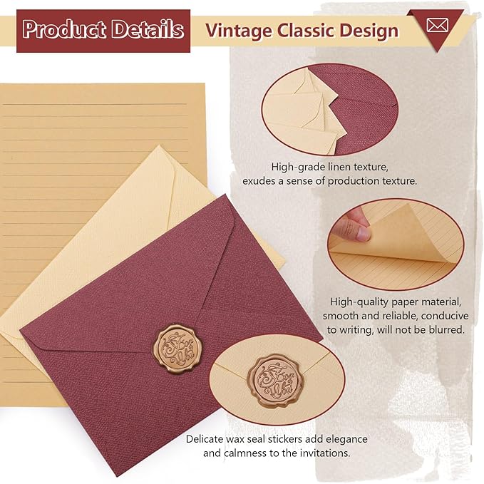 46Pcs Stationary Set and Envelopes (20 Lined Stationery Paper + 20 Linen Texture Vintage Envelope + 6 Wax Seal Stickers) for Letter Writing, 2 Colors Stationary Kit