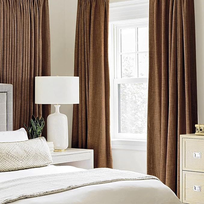MIULEE 100% Blackout Linen Curtains for Bedroom Thermal Insulated Brown Grommet Room Darkening Curtains & Drapes Fall Decor for Living Room 52 x 108 Inch (2 Panels)