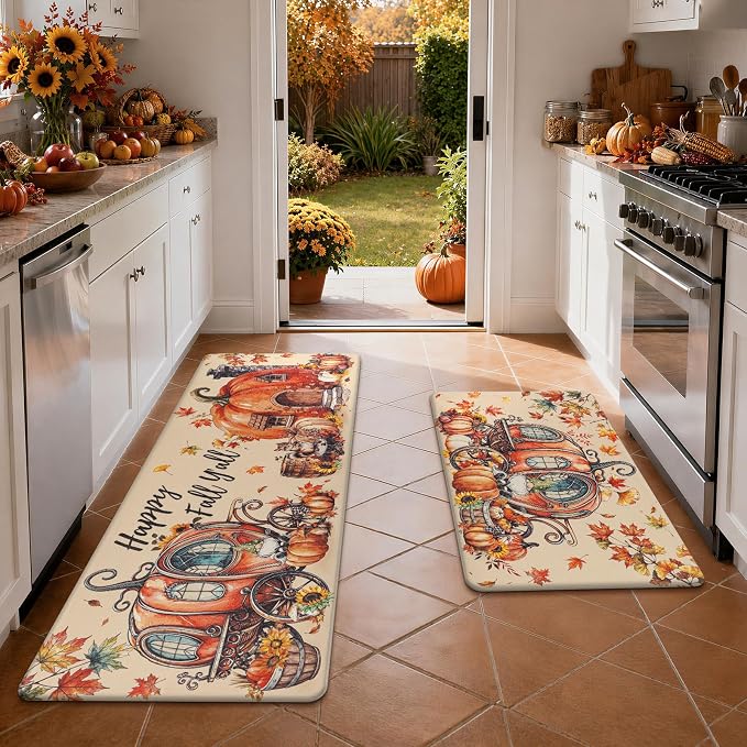 Ileading Fall Kitchen Mats Anti Fatigue, Pumpkin Kitchen Rugs Sets of 2 | Cushioned Non Slip Autumn Kitchen Mats for Floor, Waterproof Padded Floor Carpet for Harvest Thanksgiving