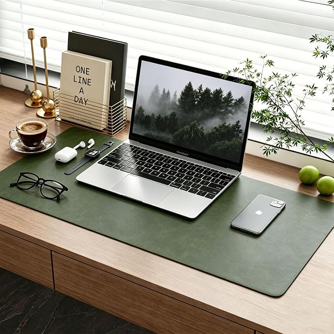 Distressed Leather Desk Mat - Non-Slip PU Leather Desk Pad Protector - Large Waterproof Mouse Pad Computer Keyboard Desk Mat Desk Accessories for Office & Home (Forest Green, 23.6"x 15.7")