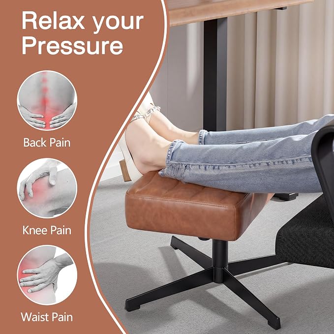 VECELO Under Desk Footrest, PU Ergonomic Foot Rest with Comfort Padding, Height Adjustable for Relieving Leg Pain, Stiffness, and etc, Brown