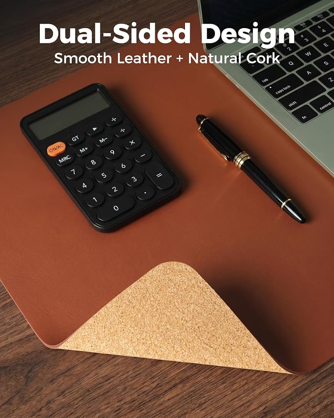 Aothia Dual-Sided Desk Mat - Leather & Cork Desk Protector, Large Mouse Pad & Writing Pad for Office/Home, Maple Brown (37.8"x17")