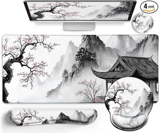 LIMKRIAN Japanese Ergonomic Mouse Pad Large Desk Mat Set, XXL Anime Mousepad with Wrist Rest, Wrist Support Gaming Keyboard Mat Cup Coaster Set, Japanese Style Office Desk Accessories Decor
