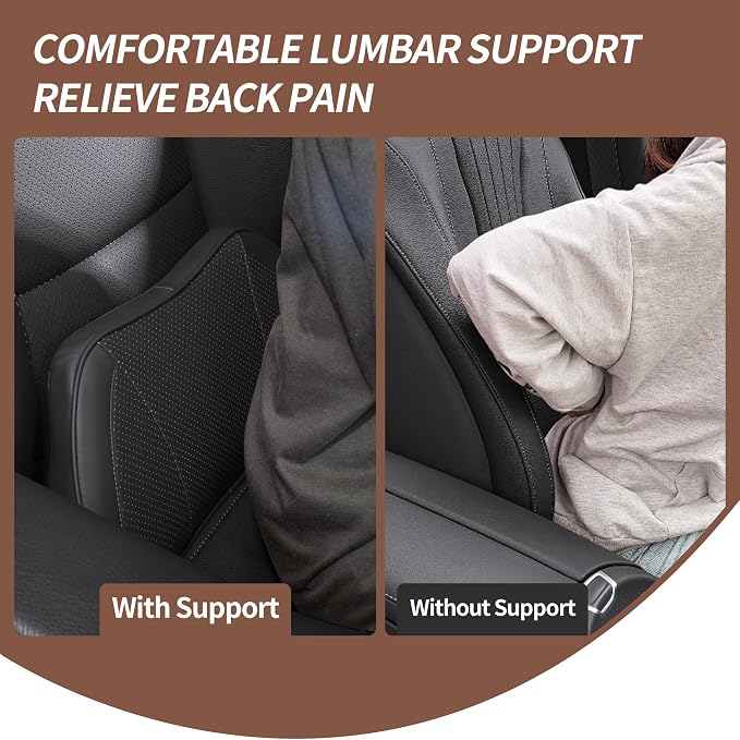 Car Lumbar Support Pillow for Driving Seat, Black, 1 Pack | Leather Memory Foam Lumbar Cushion for Lower Back Pain Relief, Universal Back Support for Driving, Home & Office Chairs