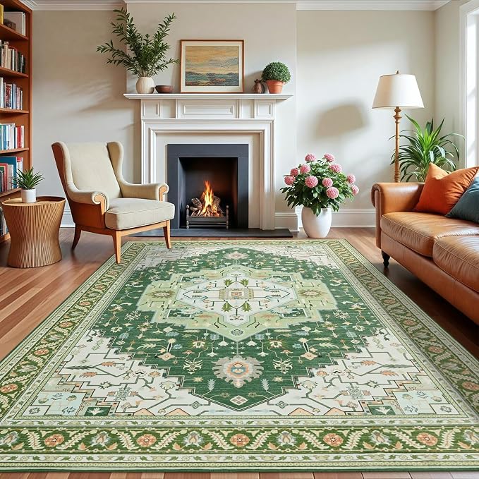 Macgace 6x9 Green White Area Rug for Living Room, Machine Washable Rugs with Non-Slip Backing for Bedroom, Vintage Medallion Carpet Dining Room Office Kids Room Decor
