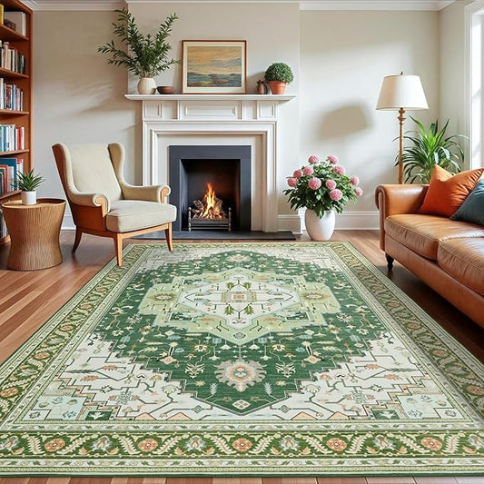 Macgace 5x7 Green White Area Rug for Living Room, Machine Washable Rugs with Non-Slip Backing for Bedroom, Vintage Medallion Carpet Dining Room Office Kids Room Decor