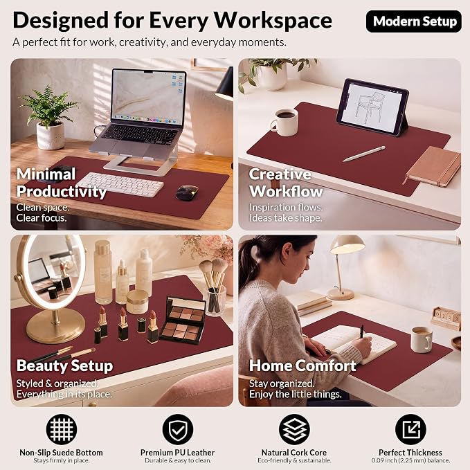 AFIING Leather Desk Pad Protector, 23.6" x 13.7", Red | Dual-Sided Cork & PU Leather, Waterproof, Non-Slip Mouse Pad & Writing Pad for Home, Office, Study & Laptop