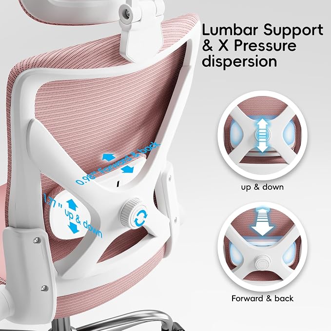 Ergalithic Office Home Ergonomic Desk Chair-Computer X-Shaped Chair Mesh PU Leather with Adjustable Lumbar Support-Executive Chair High Back with Headrest Flip-Up Arms for Long Hours (Dark Pink)