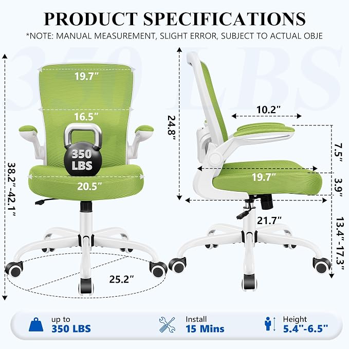 FelixKing Office Chair, Ergonomic Desk Chair Breathable Mesh Chairs Adjustable High Back Lumbar Support Flip-up Armrests, Executive Rolling Swivel Comfy Computer Chairs Home Office Green