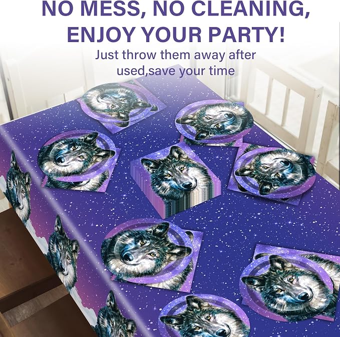 Qyeahkj Wolf Party Supplies Serves 24 Wolf Theme Party Paper Plates Napkins Wolf Tablecloth Set Tableware Kit for Kids Birthday Party Baby Shower