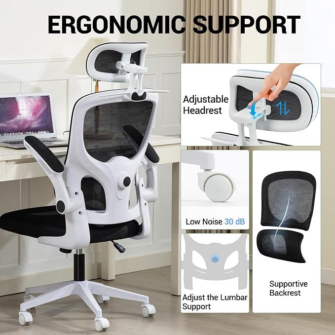 Ergonomic Office Chair with Flip-up Arms, White | Home Desk Chair w/ Coat Hook, Adjustable Headrest and Lumber Support, Mesh Computer Gaming Chair, 330 LBS
