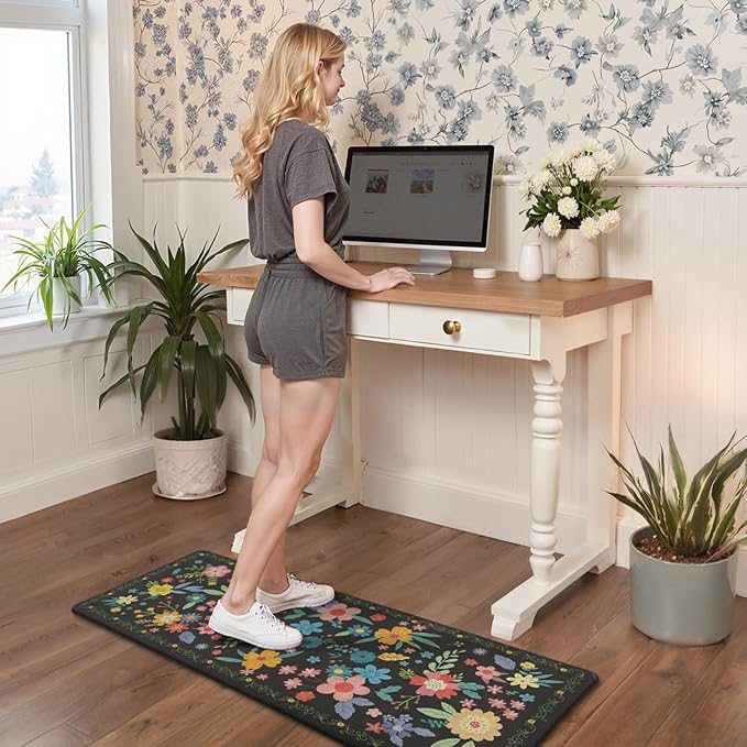 GENIMO Anti Fatigue Kitchen Mats for Floor 2PCS, Cushioned Standing Mats | 20"x32"&20"x48", Black vintage floral rug set, waterproof, non slip, easy-clean for farmhouse
