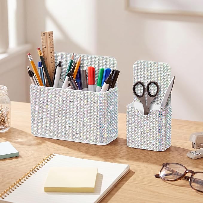 MotiMind 2 Pcs AB Color Bling Magnetic Marker Holder Women Girl Locker Accessories Marker Pen Pencil Holder for Refrigerator Whiteboard Sparkly Gift Desk Organizer for School Office (Rhinestone)