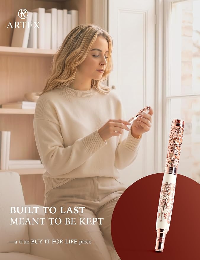 Executive Rollerball Pen Sets With Stand-Museum Collections-Crafting Timeless Beauty-Luxury Pen Gift & Office Desk Decor, German SCHMIDT refill, Solid Metal & Marble Texture (Ivory & Rosegold Pen)