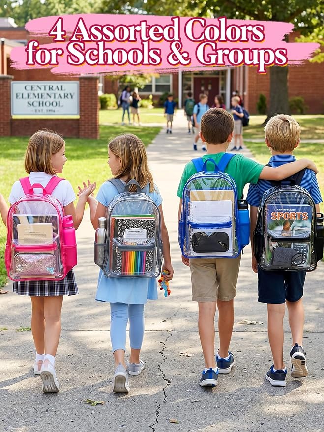 MADHOLLY 8 Pack Bulk Clear Backpack for School - 17" Large Transparent Bookbag for Kids/Girls/Boys/Charity/Stadium/Back to School Supplies, with Front and Side Bottle Pockets
