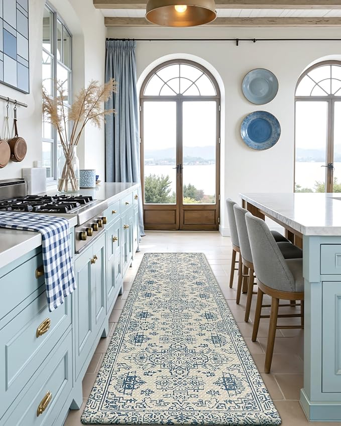 DEXI Kitchen Mats Cushioned Anti Fatigue, 23x86 Floor Padded Runner Rug Non Slip, Waterproof Standing Comfort Memory Foam for Front Sink Laundry, Blue White