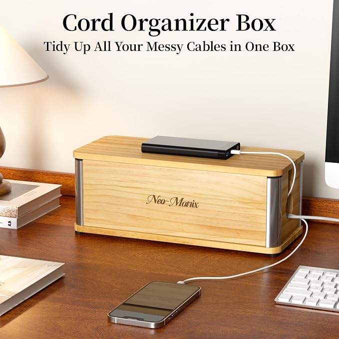 Delamu Wooden Cable Management Box, Retro-Inspired Cord Organizer Box for Home Office, Large Cord Hider Box Hides Floor Cord and Power Strips, Floor Cord Covers, 14.3" x 6.0" x 5.5", Light Wood Color