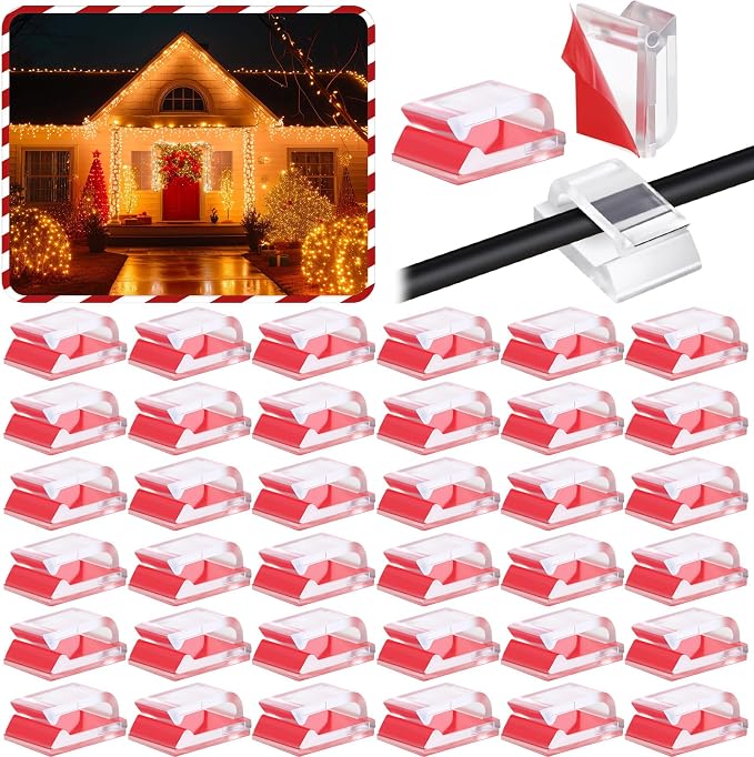 Hicarer 100 Pcs Christmas Light Clips Adhesive Hooks for Outdoor String Cable Wire Clips Adhesive Wire Management Cord Holder for The Wall, Under Desk, Car, Office and Home (Small, Red)
