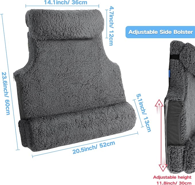 3-in-1 Lumbar Support Pillow with Headrest for Recliner, Memory Foam Back Cushion Set with Adjustable Side Bolster for Targeted Lower Back Pain Relief, Plush Sherpa Fleece Cover, Grey