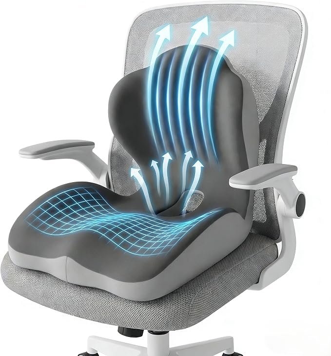 Ergonomic Seat Memory Foam Support Cushion for Back, Car Seat Back Support Cushion for Sciatica Tailbone Pain, Office Desk Chair Car Travel Seat Cushion (Grey)