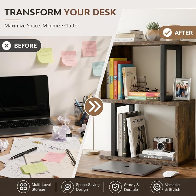 Desk Organizer & Desk Hutch Shelf, Wood, Rustic Brown | Dorm Desk Hutch, 3-Tier, Desktop Organizer Shelf Storage Unit, for Home, Dorm, Office