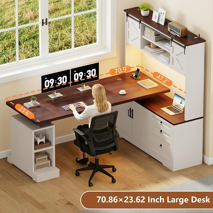 71" LED L Shaped Standing Desk with Hutch and Drawers, Farmhouse | Height Adjustable Corner Desk, Sit Stand Office Deskwith 4 AC Outlets & Type C, Executive Computer Desk with Cabinet, White