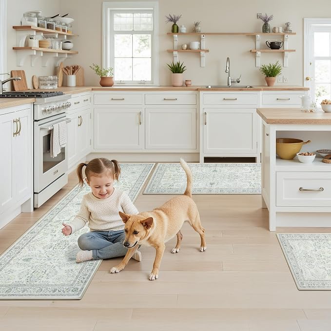 GRANNY SAYS Boho Kitchen Rug Sets of 3, Non Slip Washable Faux Wool Kitchen Mats for Floor, Thick Soft Anti-Fatigue Comfort Standing Mat Runner Rugs for Hallway Laundry Room, Green & White