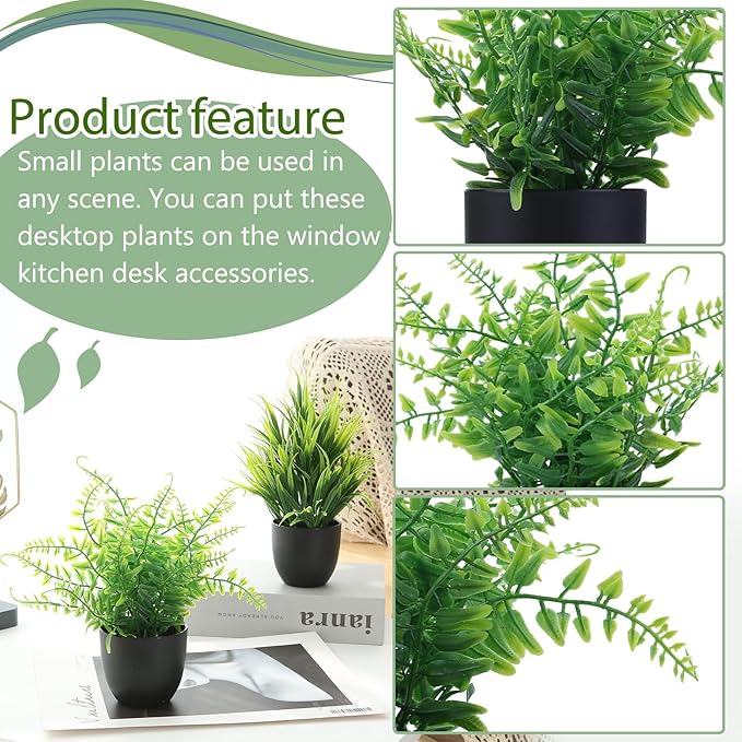 GREENTIME 2 Pack Fake Plants in Black Pot Small Artificial Plant Wheat Grass for Home Decor Faux Fern Greenery Indoor Bathroom Shelf Home Office Desk Bedroom Cabinet Kitchen Table Decorations