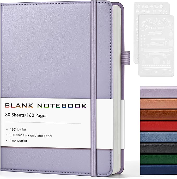 Journal Notebook, A5 Leather Hardcover Blank Sketchbook, 160 Pages, 180° Lay-Flat Binding, 100 GSM Thick Paper, for Sketching, Drawing, Art Journaling & Creative Writing (Purple)