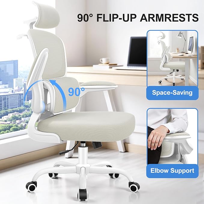 ALLGOD Ergonomic Office Chair, Mesh Desk Chair with Lumbar Support, High Back Home Office Chair with Adjustable Headrest and Flip-Up Arms, Comfortable Computer Chair, Thick Cushion, 300 LBS, White