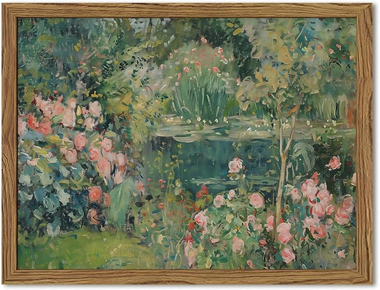Framed Vintage Floral Landscape Canvas Wall Art, Rose Garden Pond Wall Decor Paintings, Rustic Cottagecore Nature Plant Pictures Prints Aesthetic Home Decor for Living Room Bedroom Bathroom 16x24 inch