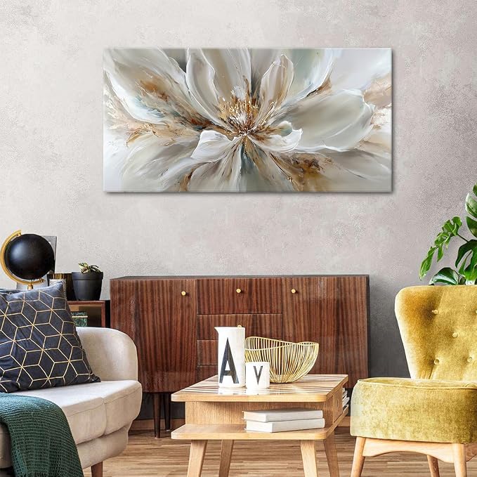 Flower Wall Art Vintage White Floral Canvas Pictures Abstract Blooming Flower Prints Painting Large Abstract Botanical Blossom Wall Decor Elegant Artwork for Bedroom Living Room Home Decoration 24x48"