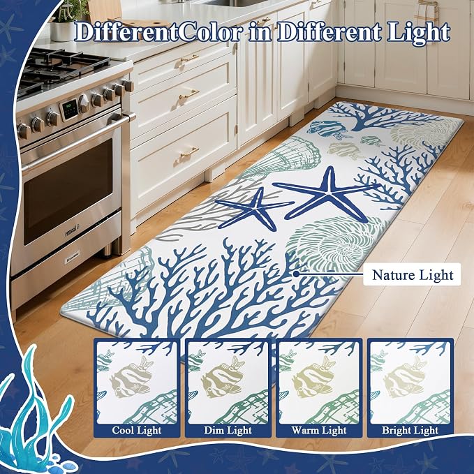 SHACOS Coastal Kitchen Rugs Set of 2, 17x27.5+17x47 inch | Summer Anti-Fatigue Kitchen Mats, White Cushioned Mats with Sea Themed Blue Starfish Shell Coral Tropical Fish