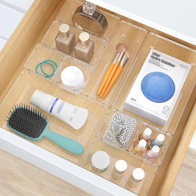 StorMiracle 7 PCS Clear Plastic Drawer Organizers Set, 4 Size Desk Drawer Organizer Trays for Makeup, Jewelry, Kitchen Utensils, Gadgets and Office Accessories