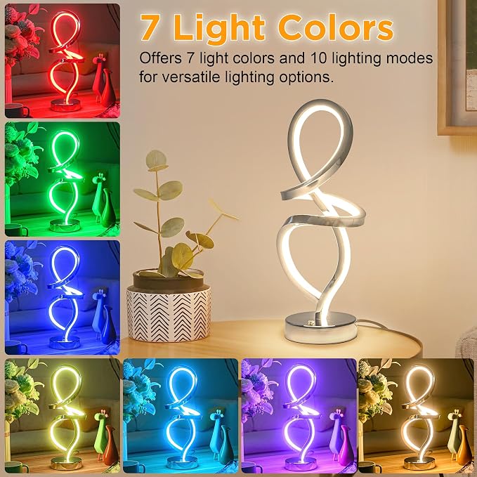 Mayful RGB Modern Table Lamp with 15W LED Unique Spiral Design, Silver Small Bedside Lamp & Nightstand Lamp, Touch Dimmable with 7 Colors & 10 Modes for Bedroom, Living Room, Nightstand, Office