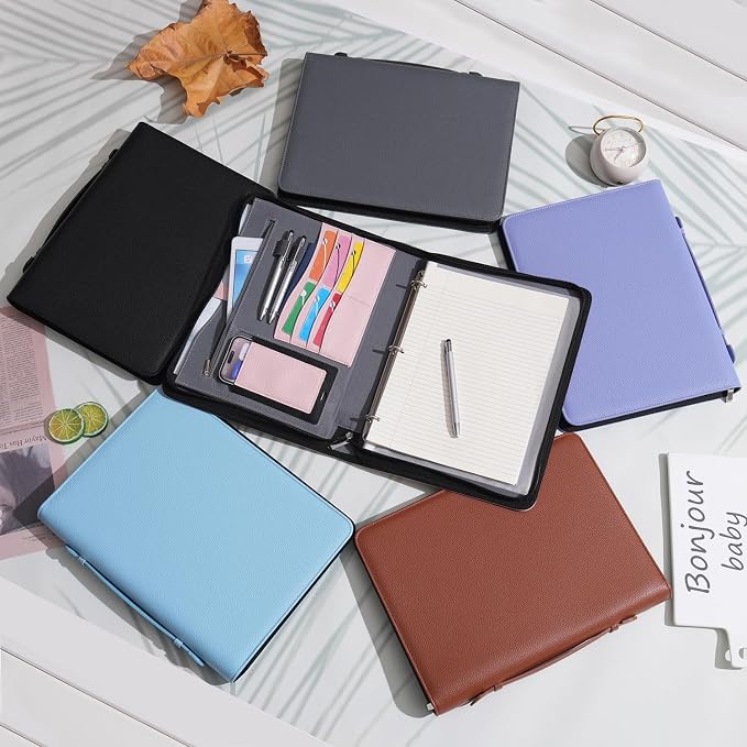 Wonderpool Travel Zippered Portfolio 3 Ring Binder A4 Padfolio Document Case with Removable Clipboard Legal Pad Holder, Business Office School Organizer for Men and Women (Light Blue)