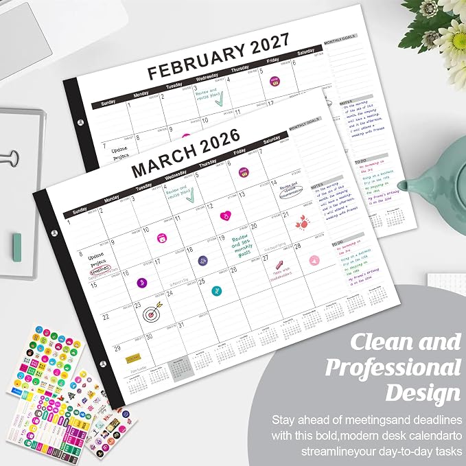 Gannyfer Desk Calendar 2026-2027, Large Desk Calendar 22" x 17", Use Now to Mar 2027, 18 Monthly Academic Desktop Calendar 2026 with To-Do List, Desk Calendar 2026 for Office, School, Home(6 Stickers)
