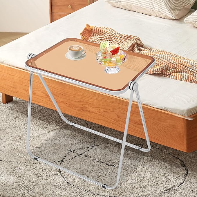 Clear Acrylic Small Folding Table, Acrylic Folding TV Tray Table, No Assembly Required Tiny Desk for Home Office Side Table Computer Desk for Small Spaces, Tawny