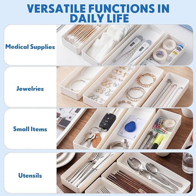 Teling 12 Pcs White Large Rectangular Desk Organizer Set Half Accessory Tray Plastic Tabletop Organizer for Office Home or Study Dimensions: 9.45 x 2.95 x 1.38 Inches