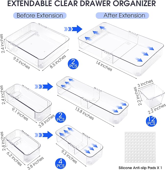 Aneco 20 Pieces Extendable Clear Drawer Organizer Adjustable Vanity Storage Box 4-Size Desk Drawer Divider Acrylic Storage Bins for Makeup, Cosmetic, Jewelries, Bedroom Kitchen Utensils Gadgets
