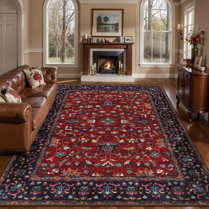Tangsoo Red 4x6 Washable Area Rug, Vintage Indoor Rugs for Living Room, Non Slip Machine Washable Large Rugs, Soft Print Red Oriental Carpet for Bedroom Dining Room Dorm Office
