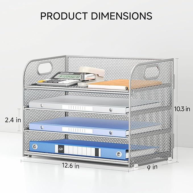 Lavatino 4-Tier Paper Organizer Trays - Silver Mesh File Folder Sorter with Handles, Desk Letter Holder Organizer for Office, Home, School Supplies Storage & Organization