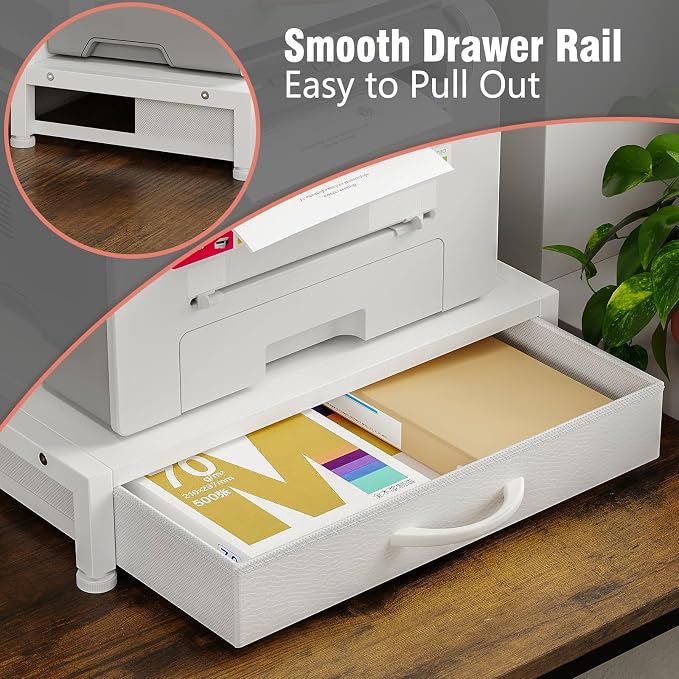 VENNQD 2-Tier Desktop Printer Stand with 2 Fabric Drawers, Prtiner Table with Storage Shelf, Desk Organizer for Home Office,3D Printer,Fax Machine,Scanner (White, 2 Tier)