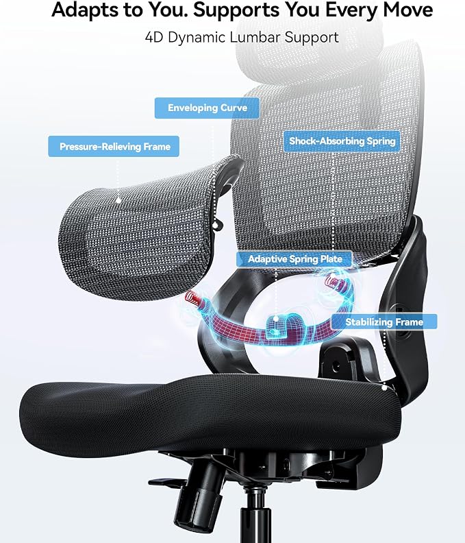 SIHOO B100 SE Office Chair, Soft Memory Foam Desk Chair with Adaptive Lumbar Support & 2D Flip-up Armrests, 135° tilt Computer Chair for Home Office, Black