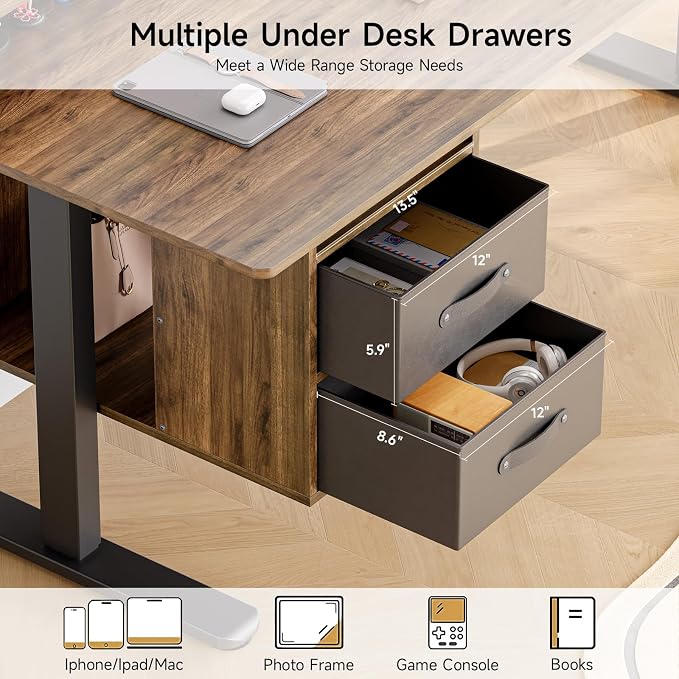 ONBRILL Standing Desk with Drawers, 63x24 Inch Electric Stand Up Desk with 3 Drawers and Open Storage Shelf, Adjustable Height 28-46 Inches for Home and Computer Workstation, Walnut