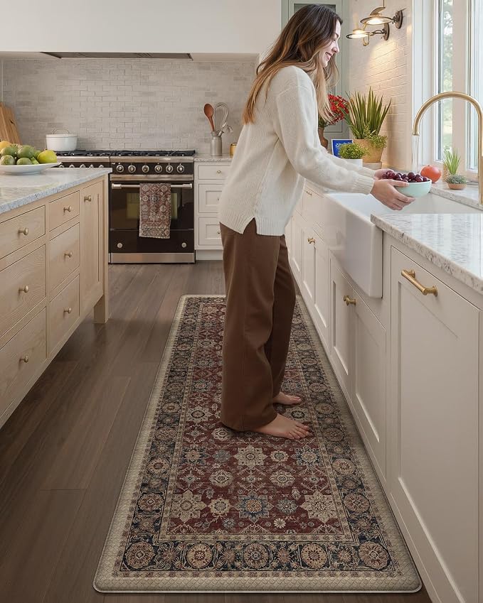 Color&Geometry Kitchen Mat 24x87 Faded Vintage Anti Fatigue, Deep Russet | 0.4in Cushion Standing Mat For Cooking/Working/Laundry, Boho Decor, Non Slip PVC Kitchen Rug, Oil/Water Proof, Anti Slip